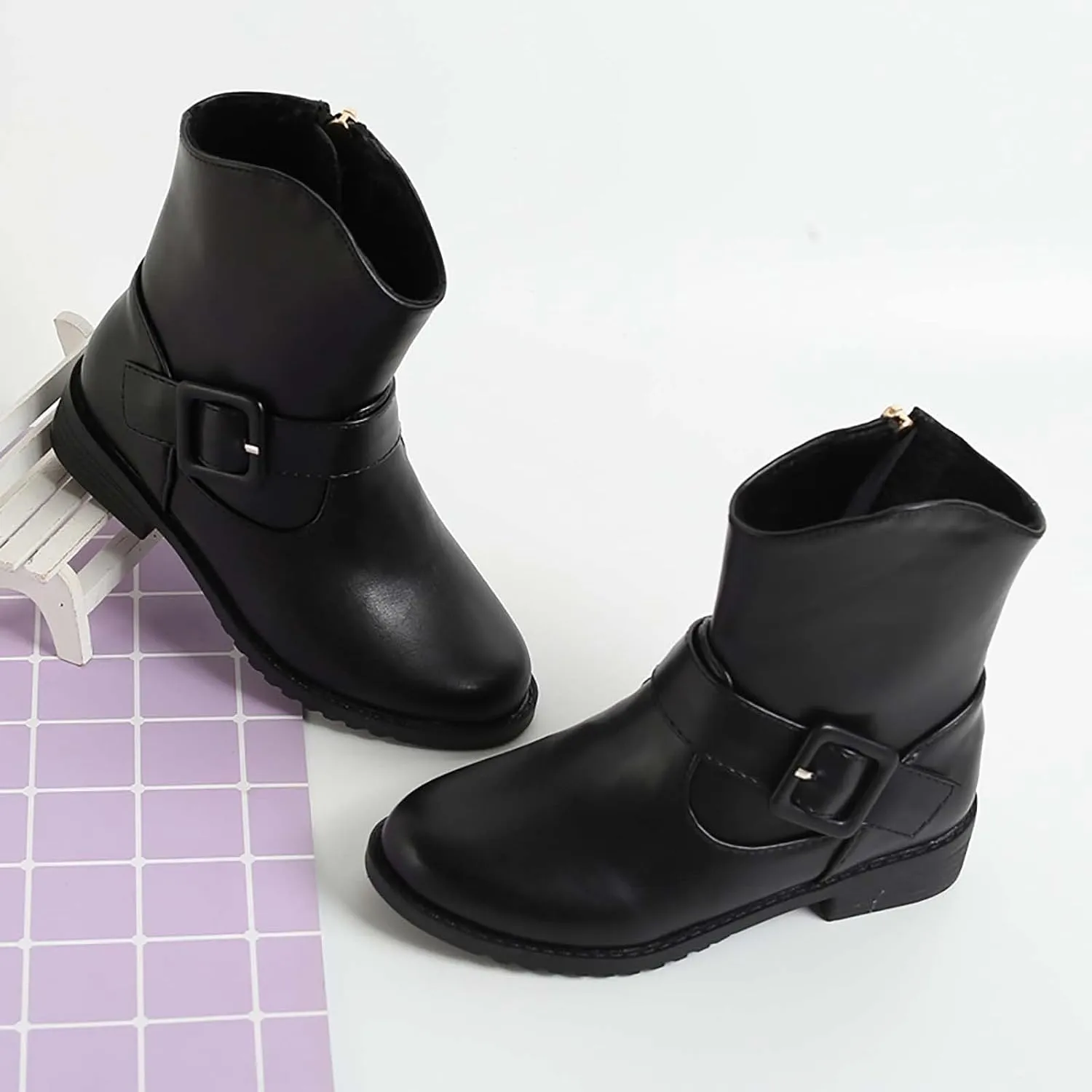 Kids Ankle Boots Girls Buckle Decor Side Zipper Western Boots Kids Ankle Boots Girls Low Heel Riding Walking Boot
