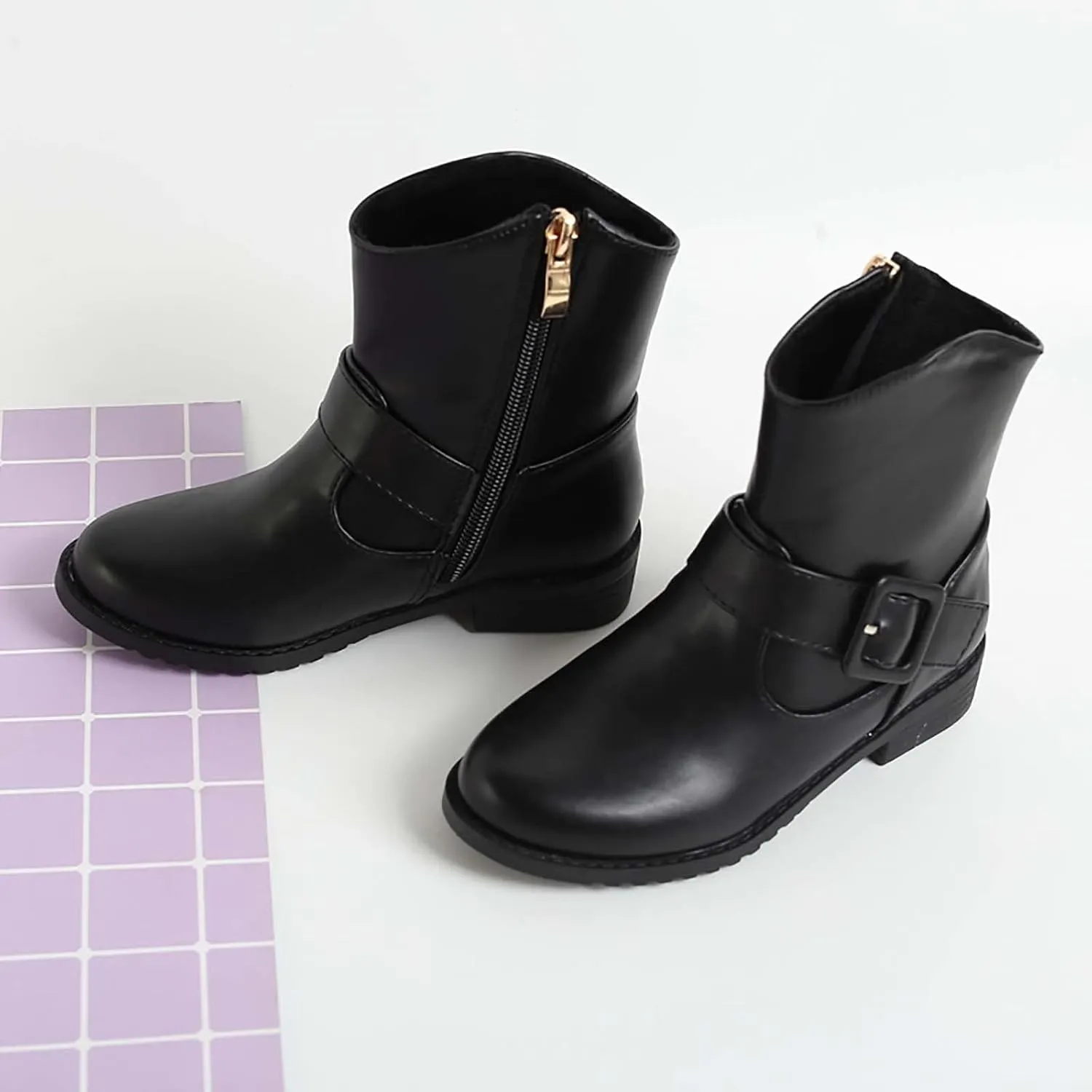 Kids Ankle Boots Girls Buckle Decor Side Zipper Western Boots Kids Ankle Boots Girls Low Heel Riding Walking Boot