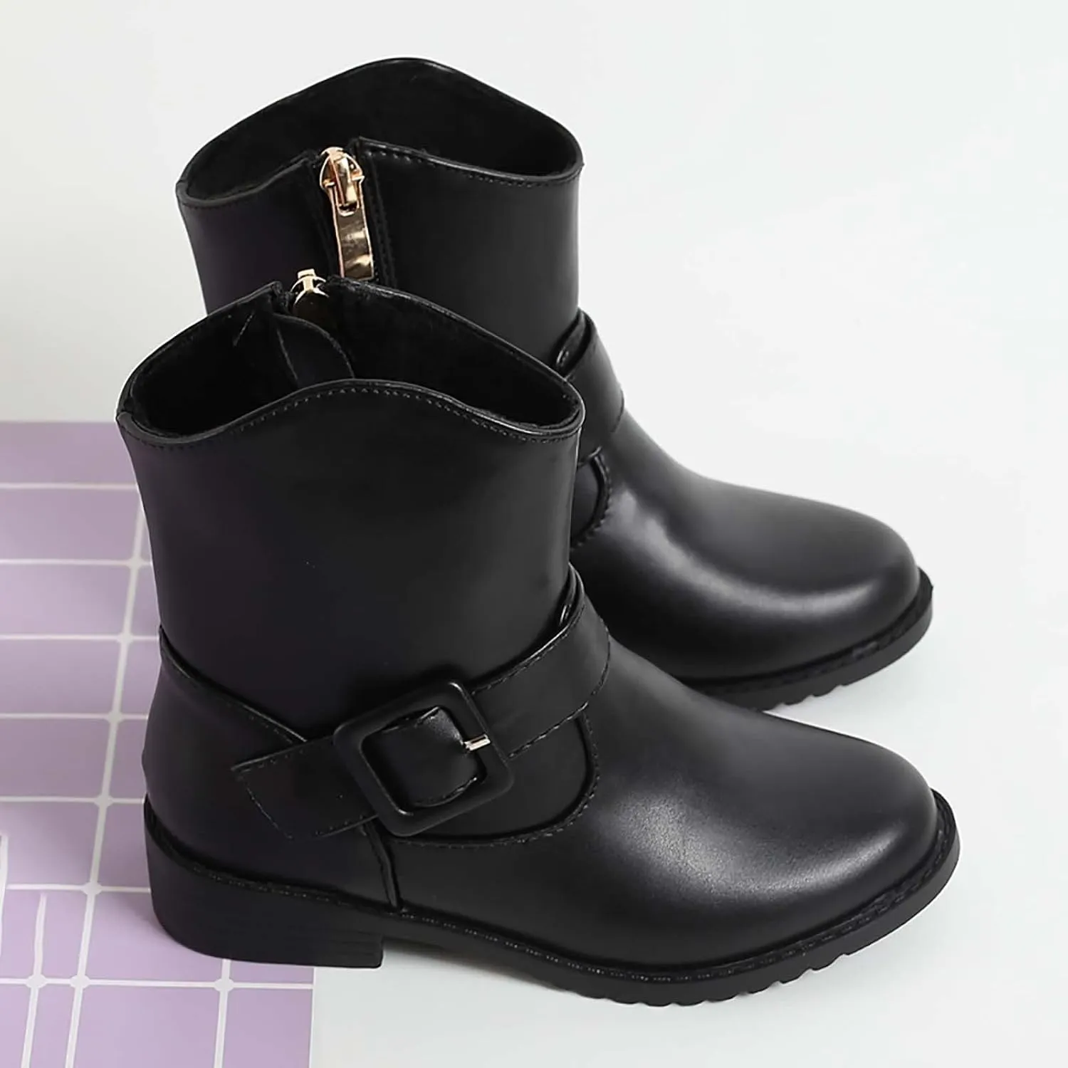 Kids Ankle Boots Girls Buckle Decor Side Zipper Western Boots Kids Ankle Boots Girls Low Heel Riding Walking Boot