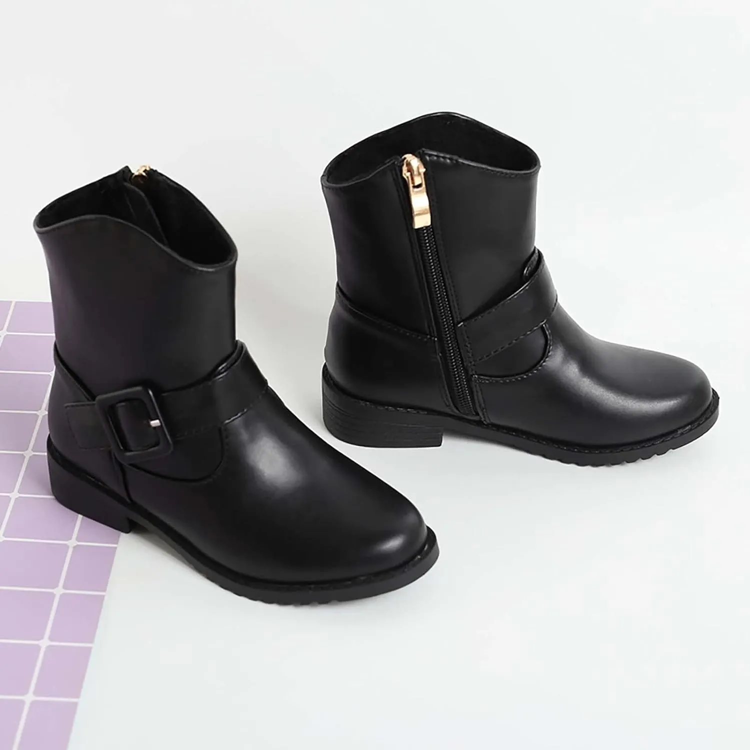 Kids Ankle Boots Girls Buckle Decor Side Zipper Western Boots Kids Ankle Boots Girls Low Heel Riding Walking Boot