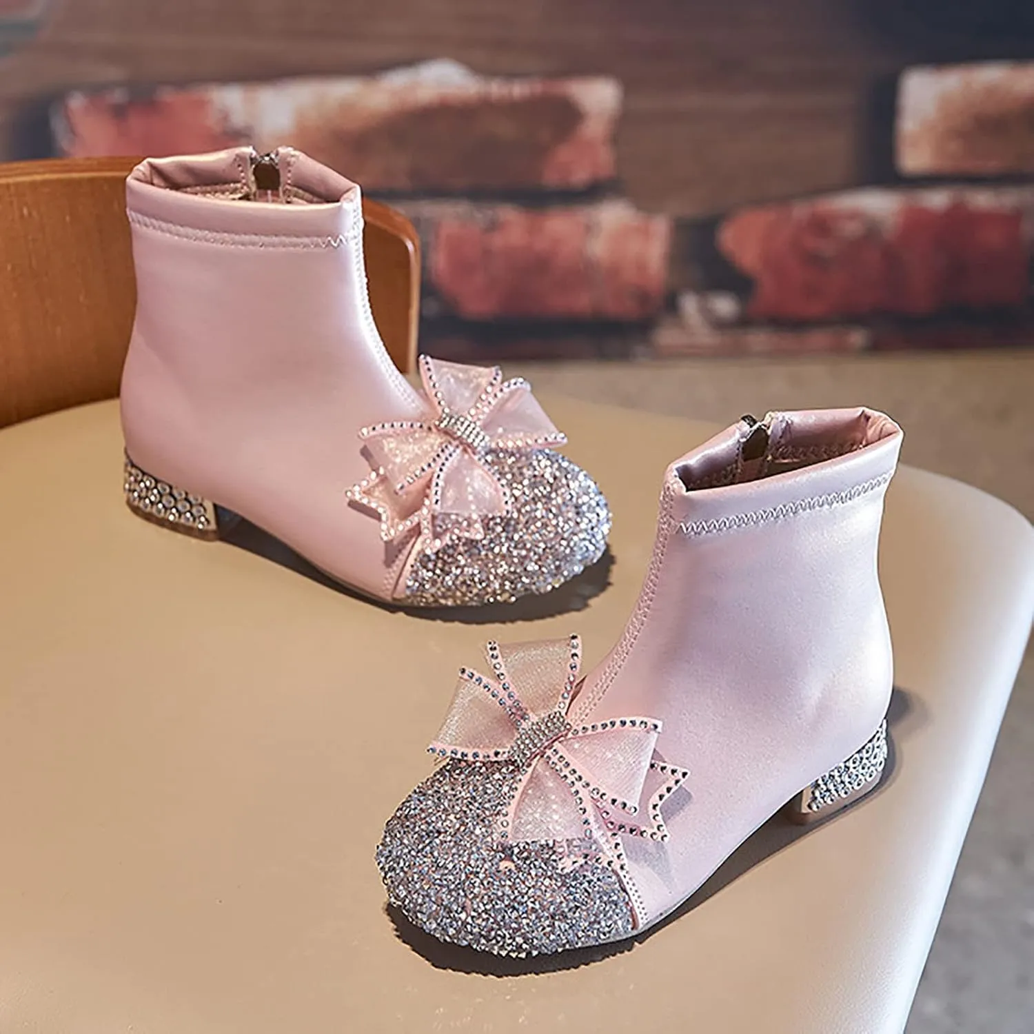 Kids Bowknot Sequin Sparkly Ankle Boots for Girls Low Heel Dress Booties 2024 Fashion Side Zipper Glitter Big Girl Shoe