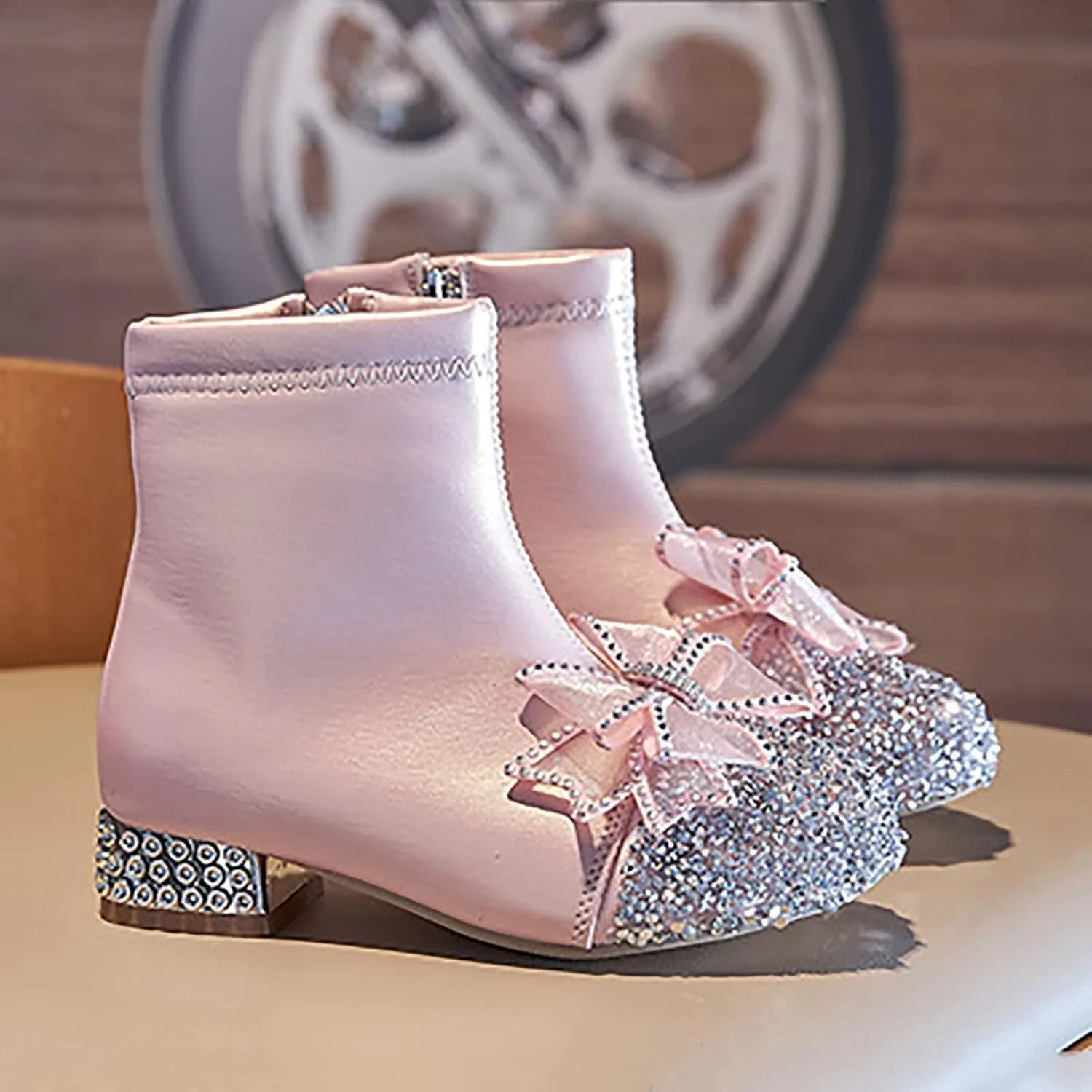 Kids Bowknot Sequin Sparkly Ankle Boots for Girls Low Heel Dress Booties 2024 Fashion Side Zipper Glitter Big Girl Shoe