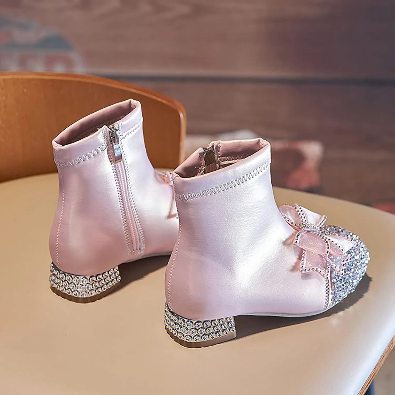 Kids Bowknot Sequin Sparkly Ankle Boots for Girls Low Heel Dress Booties 2024 Fashion Side Zipper Glitter Big Girl Shoe