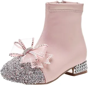 Kids Bowknot Sequin Sparkly Ankle Boots for Girls Low Heel Dress Booties 2024 Fashion Side Zipper Glitter Big Girl Shoe