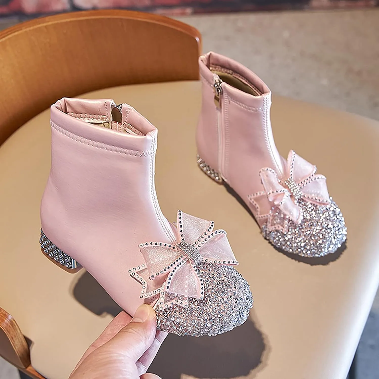 Kids Bowknot Sequin Sparkly Ankle Boots for Girls Low Heel Dress Booties 2024 Fashion Side Zipper Glitter Big Girl Shoe