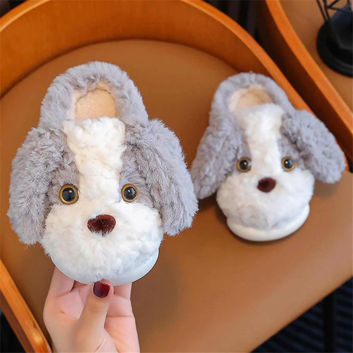 Kids Puppy Slippers Boys Girls Plush Non-Slip House Slippers Cute Cartoon Soft Wool Slip-On Shoes Indoor Wear
