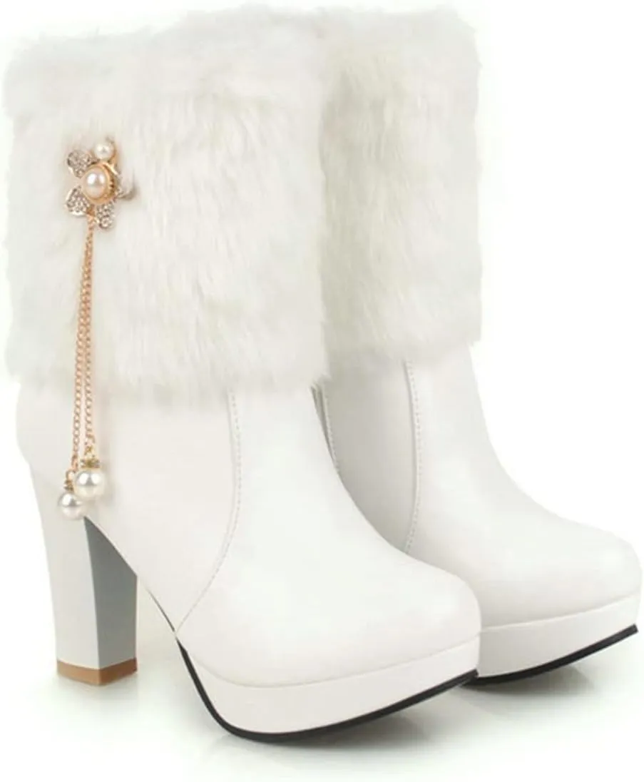 Ladies High Heels Ankle Boots Plateau Ankle Boots with Pendant Winter Lined Plush Snow Boot with Zipper Women Pu Leather Shoes