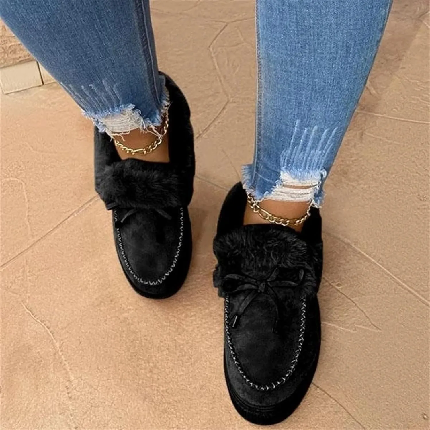 Lausiuoe Boots For Women Ankle Booties With Fur Lined Warm Slip On Comfortable Winter Snow Boots Fashion Casual Loafers Shoes