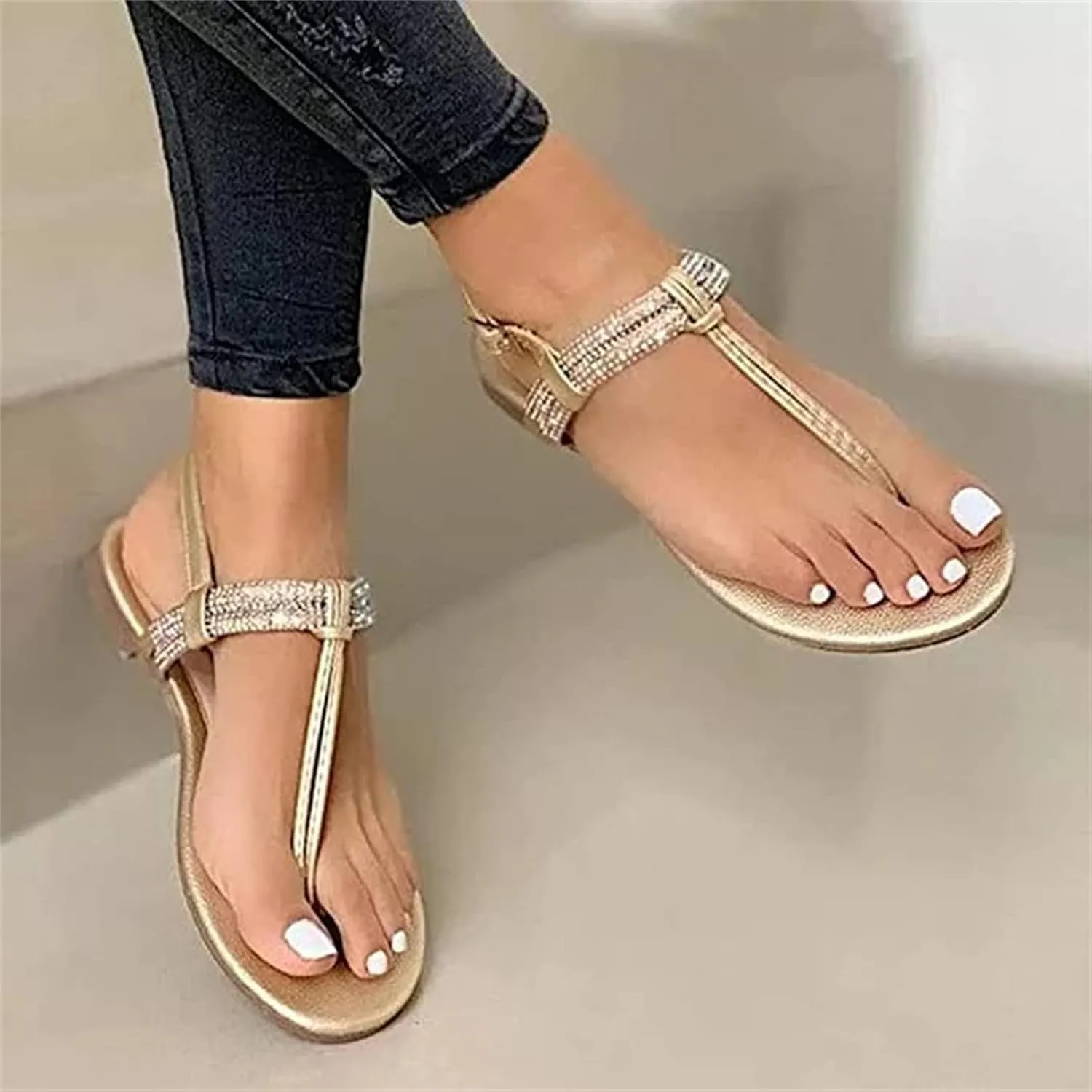 Lausiuoe Sandals for Women Dressy Summer,Women's Ankle Strap Casual Comfort Strappy Flat Sandals Beach Sandals Thong Flip Flops