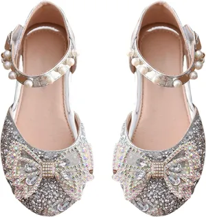 Little Kid Girls Mary Jane Ballerina Shoes 𝗥hinestones Bowknot Flower Girl Wedding Par𝘁y Pearl Strap Dress Shoes