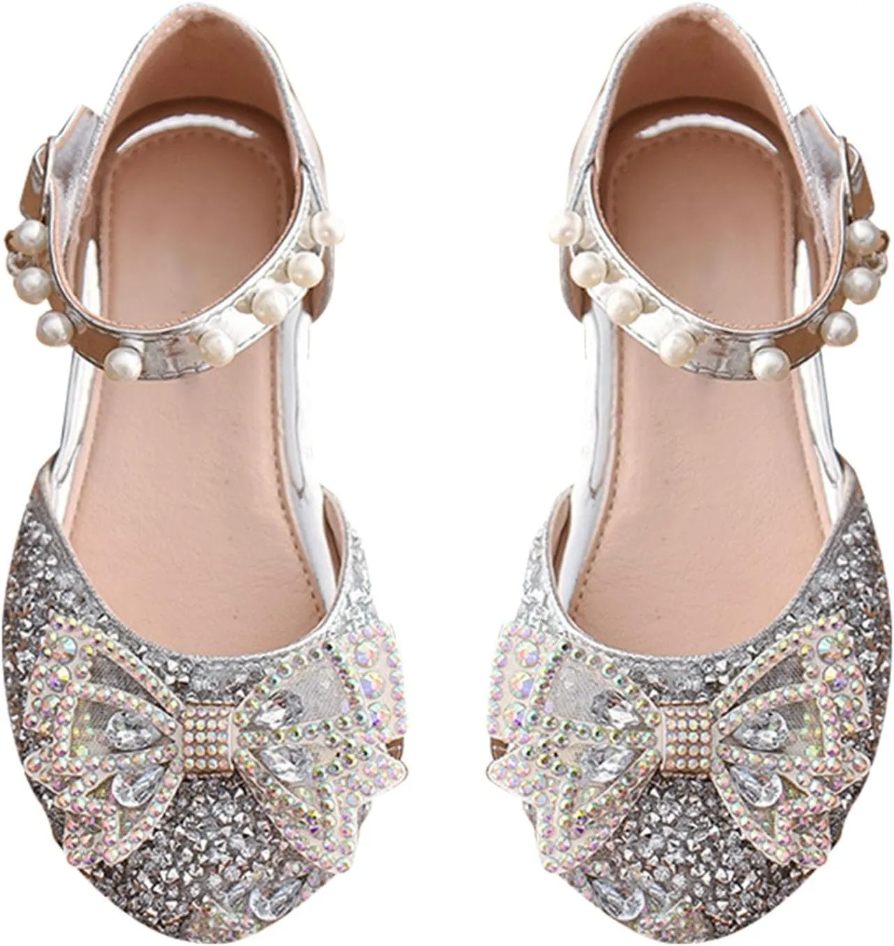Little Kid Girls Mary Jane Ballerina Shoes 𝗥hinestones Bowknot Flower Girl Wedding Par𝘁y Pearl Strap Dress Shoes