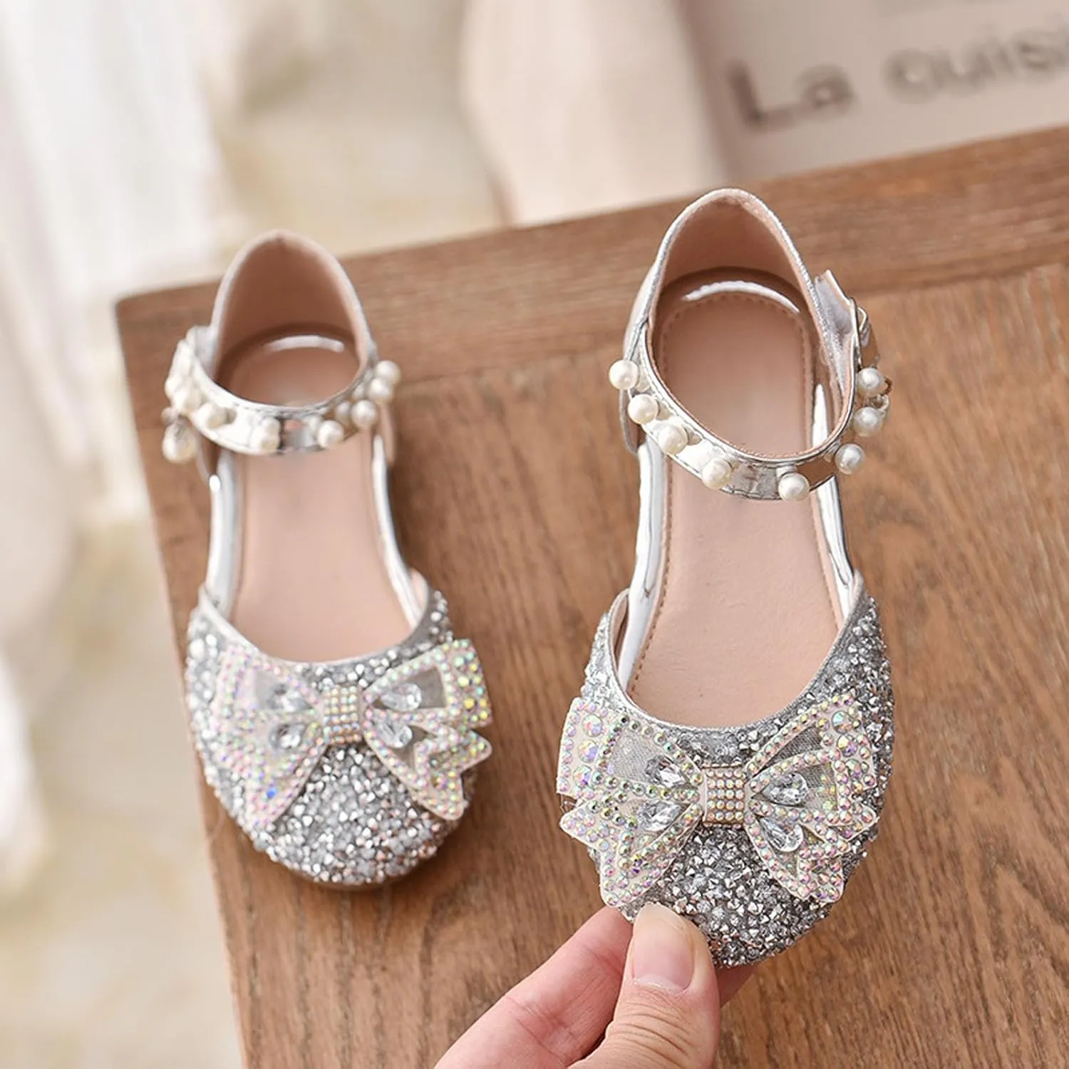 Little Kid Girls Mary Jane Ballerina Shoes 𝗥hinestones Bowknot Flower Girl Wedding Par𝘁y Pearl Strap Dress Shoes