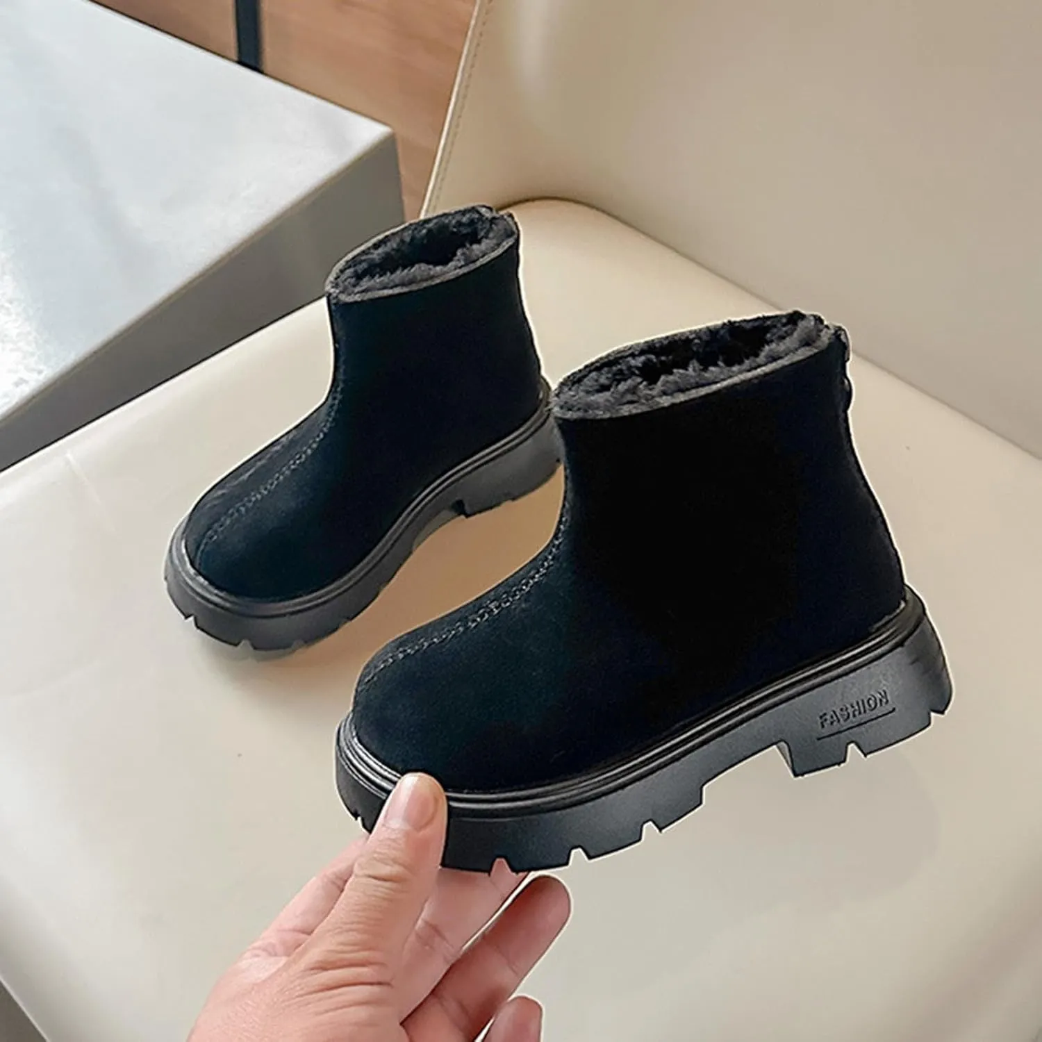 Low Heel Plush Mini Snow Boots for Toddler Kids, Girls Cozy Fleece Fr Lined Zip Up Classic Ankle Short Booties