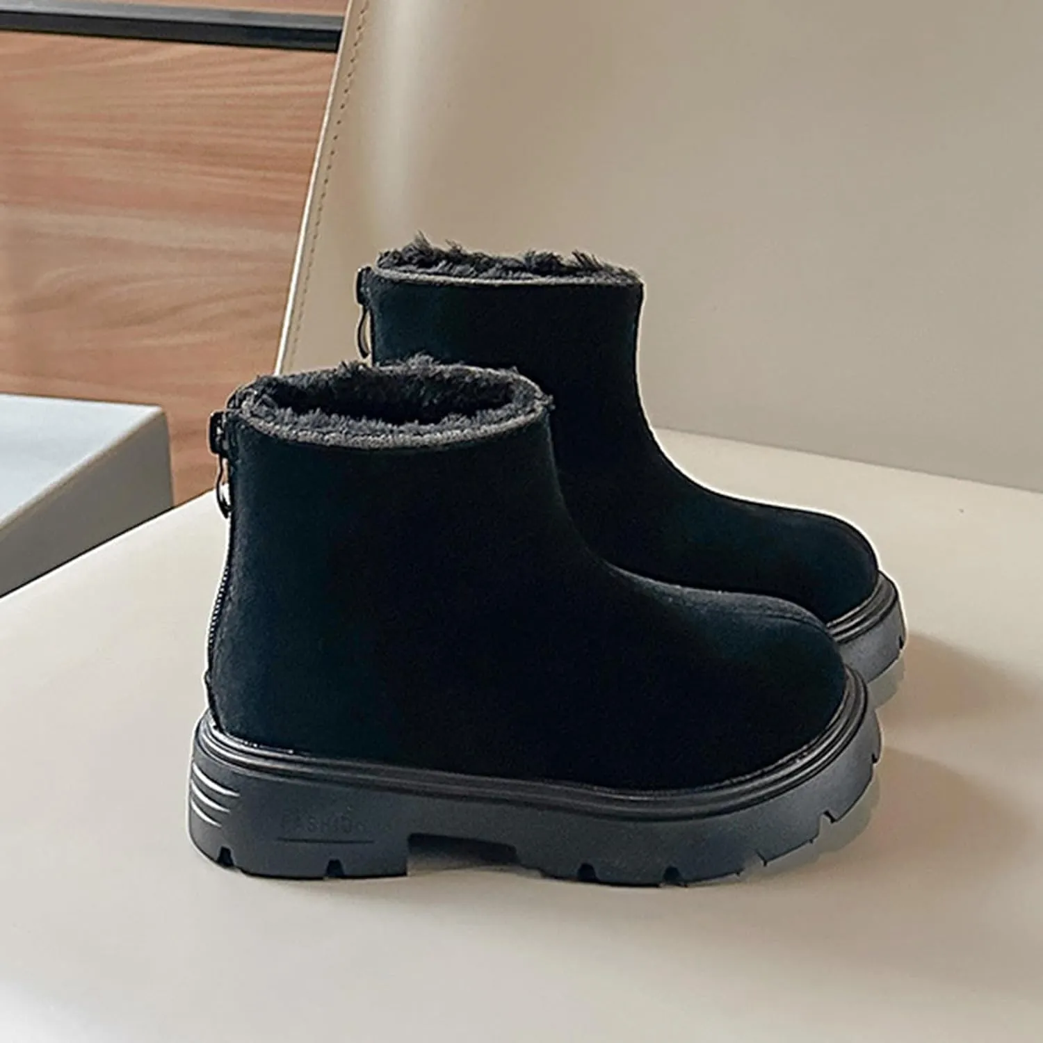 Low Heel Plush Mini Snow Boots for Toddler Kids, Girls Cozy Fleece Fr Lined Zip Up Classic Ankle Short Booties