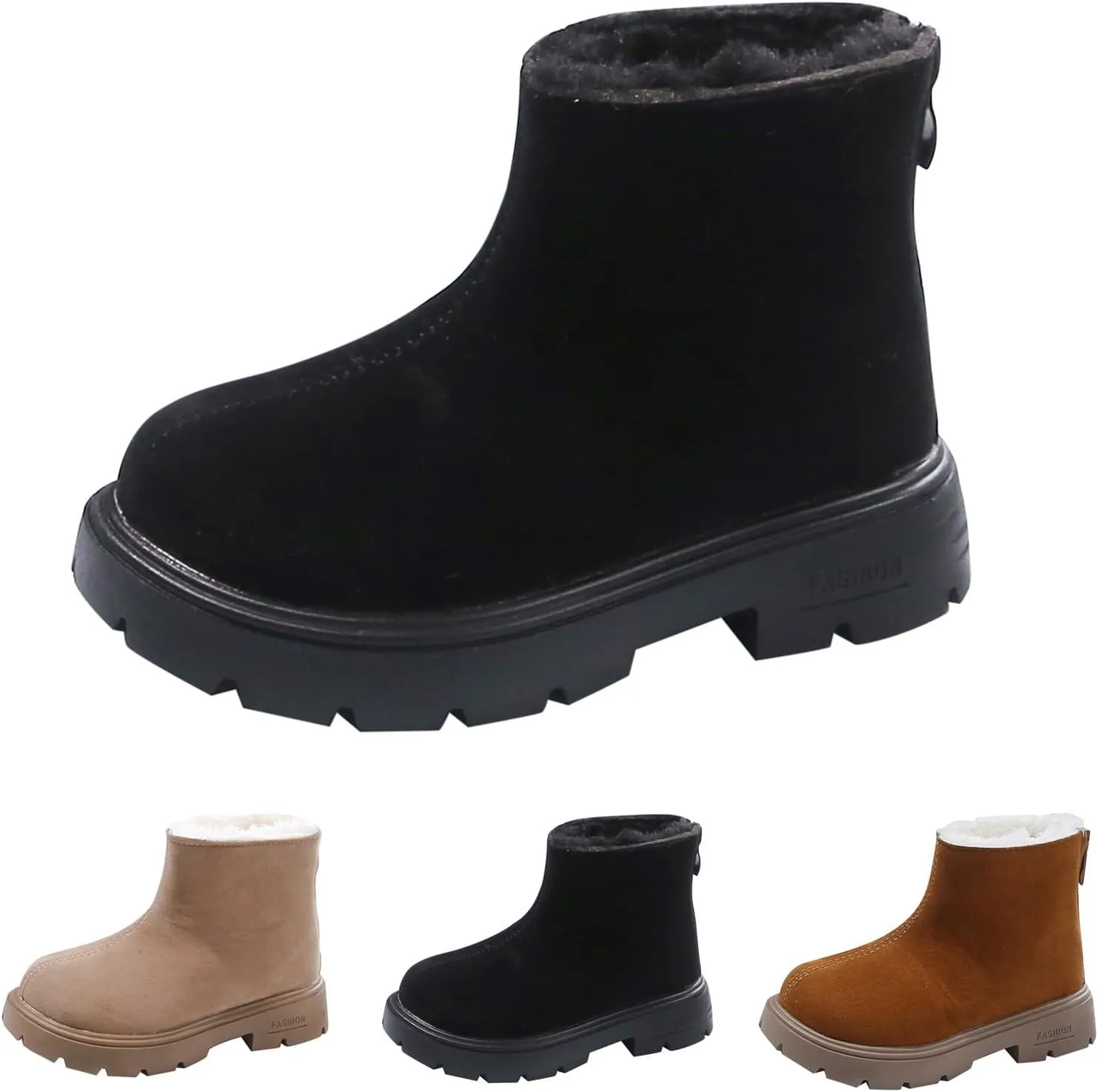Low Heel Plush Mini Snow Boots for Toddler Kids, Girls Cozy Fleece Fr Lined Zip Up Classic Ankle Short Booties