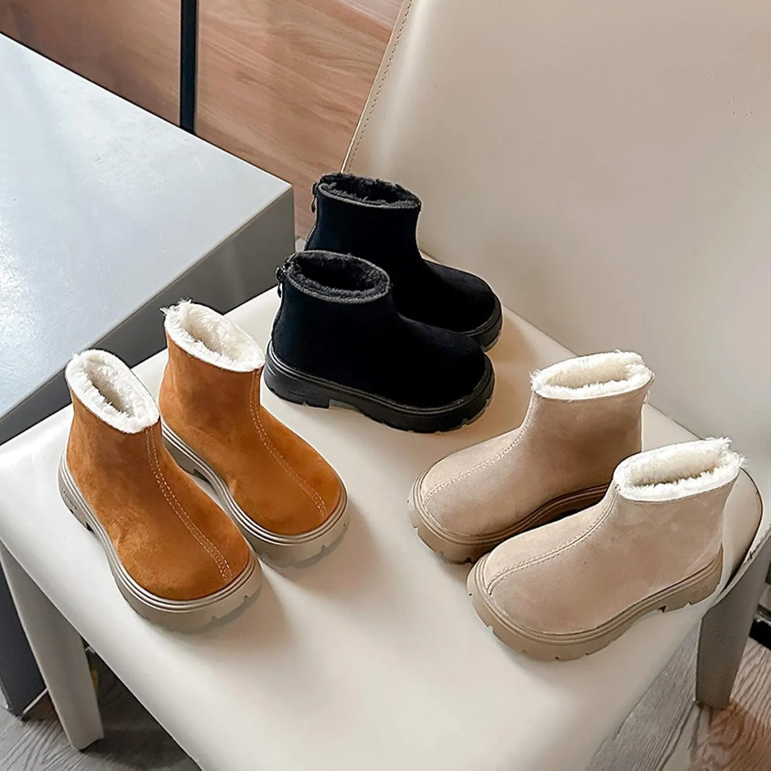 Low Heel Plush Mini Snow Boots for Toddler Kids, Girls Cozy Fleece Fr Lined Zip Up Classic Ankle Short Booties