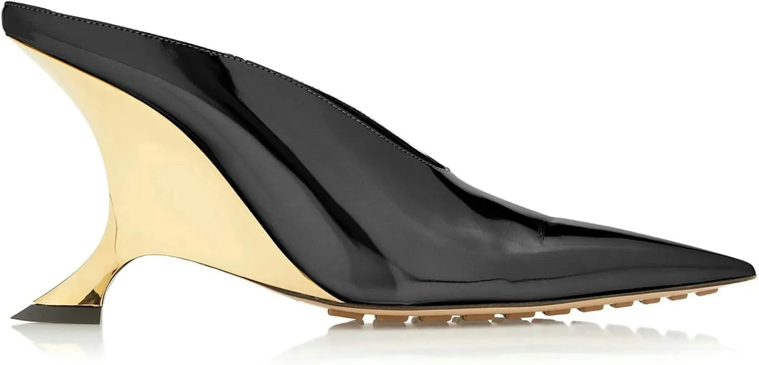 Meefit Women Metallic Mules Pointed Toe Wedges High Heel Slides Closed Toe Patent Leather Slippers Slip On Dressy Pumps