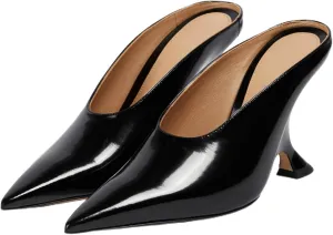 Meefit Women Metallic Mules Pointed Toe Wedges High Heel Slides Closed Toe Patent Leather Slippers Slip On Dressy Pumps