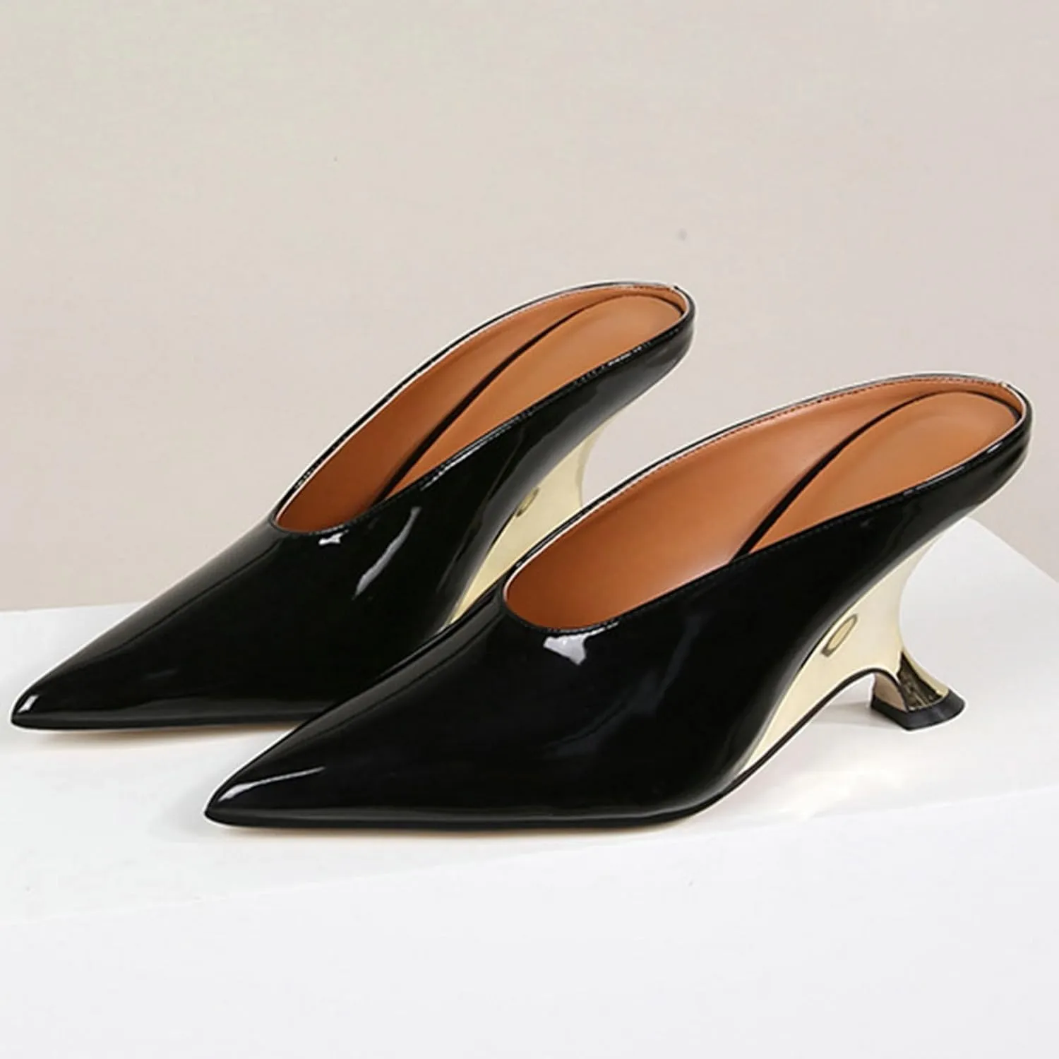 Meefit Women Metallic Mules Pointed Toe Wedges High Heel Slides Closed Toe Patent Leather Slippers Slip On Dressy Pumps