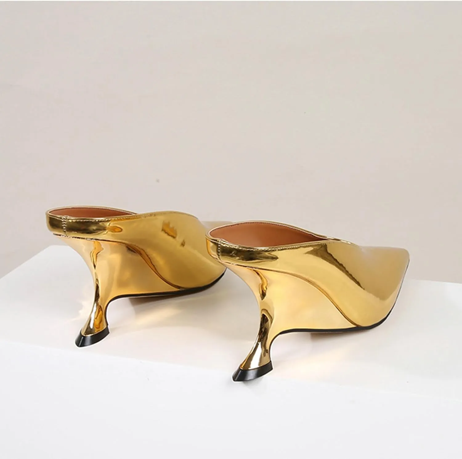 Meefit Women Metallic Mules Pointed Toe Wedges High Heel Slides Closed Toe Patent Leather Slippers Slip On Dressy Pumps