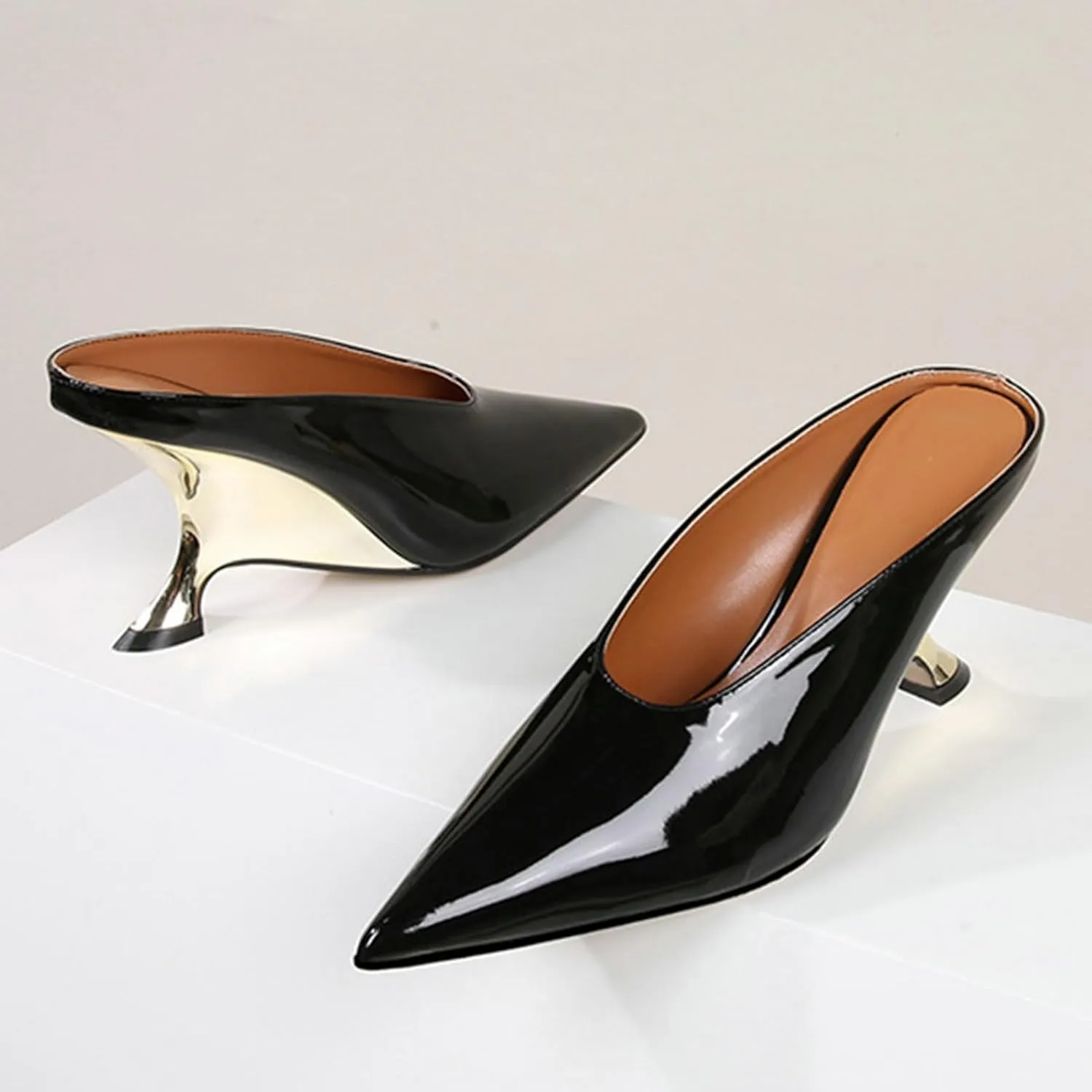 Meefit Women Metallic Mules Pointed Toe Wedges High Heel Slides Closed Toe Patent Leather Slippers Slip On Dressy Pumps