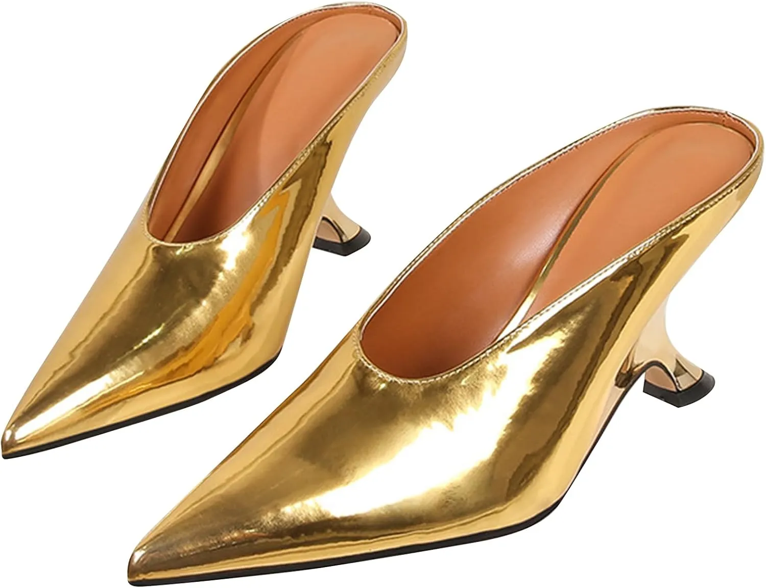 Meefit Women Metallic Mules Pointed Toe Wedges High Heel Slides Closed Toe Patent Leather Slippers Slip On Dressy Pumps