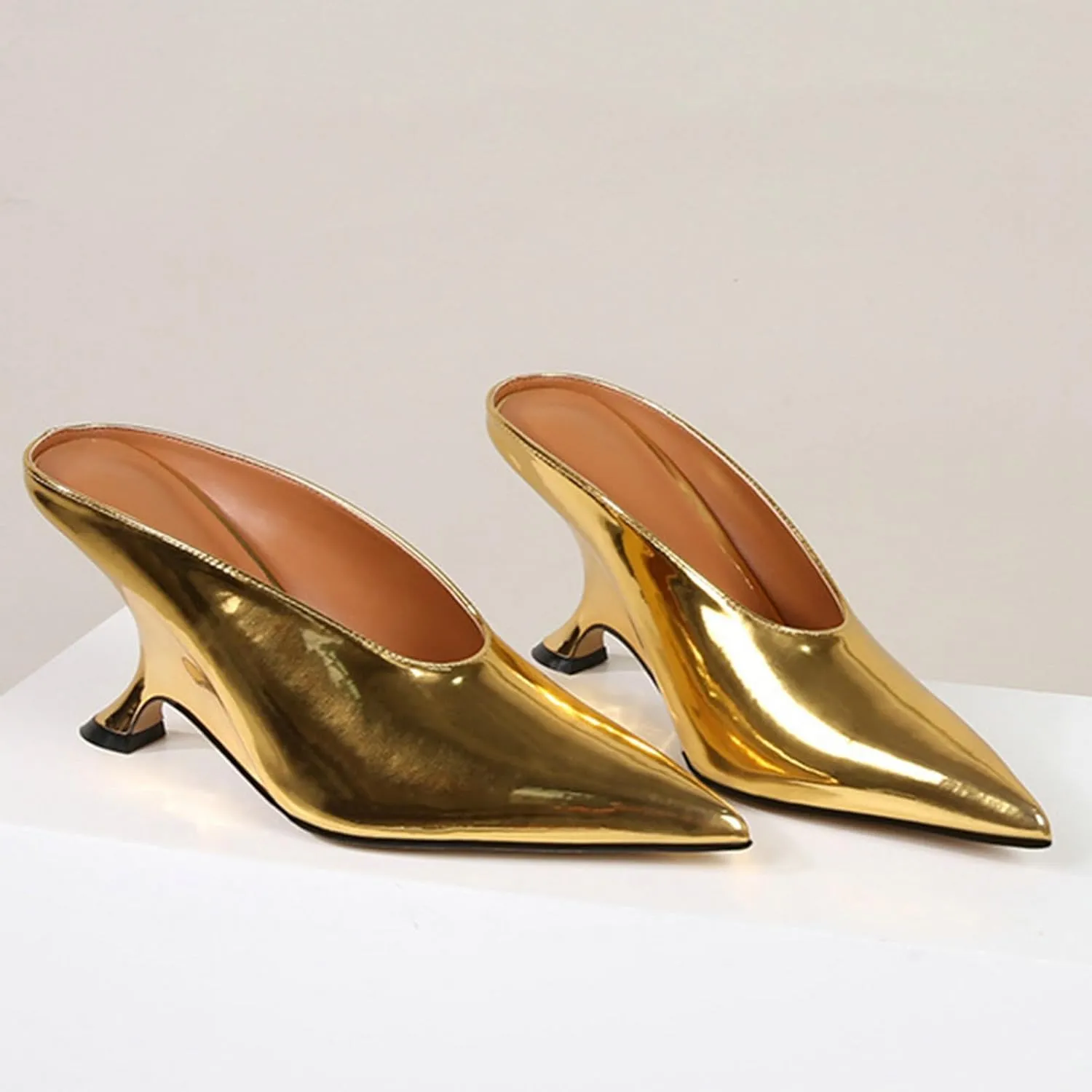 Meefit Women Metallic Mules Pointed Toe Wedges High Heel Slides Closed Toe Patent Leather Slippers Slip On Dressy Pumps