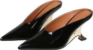 Meefit Women Metallic Mules Pointed Toe Wedges High Heel Slides Closed Toe Patent Leather Slippers Slip On Dressy Pumps