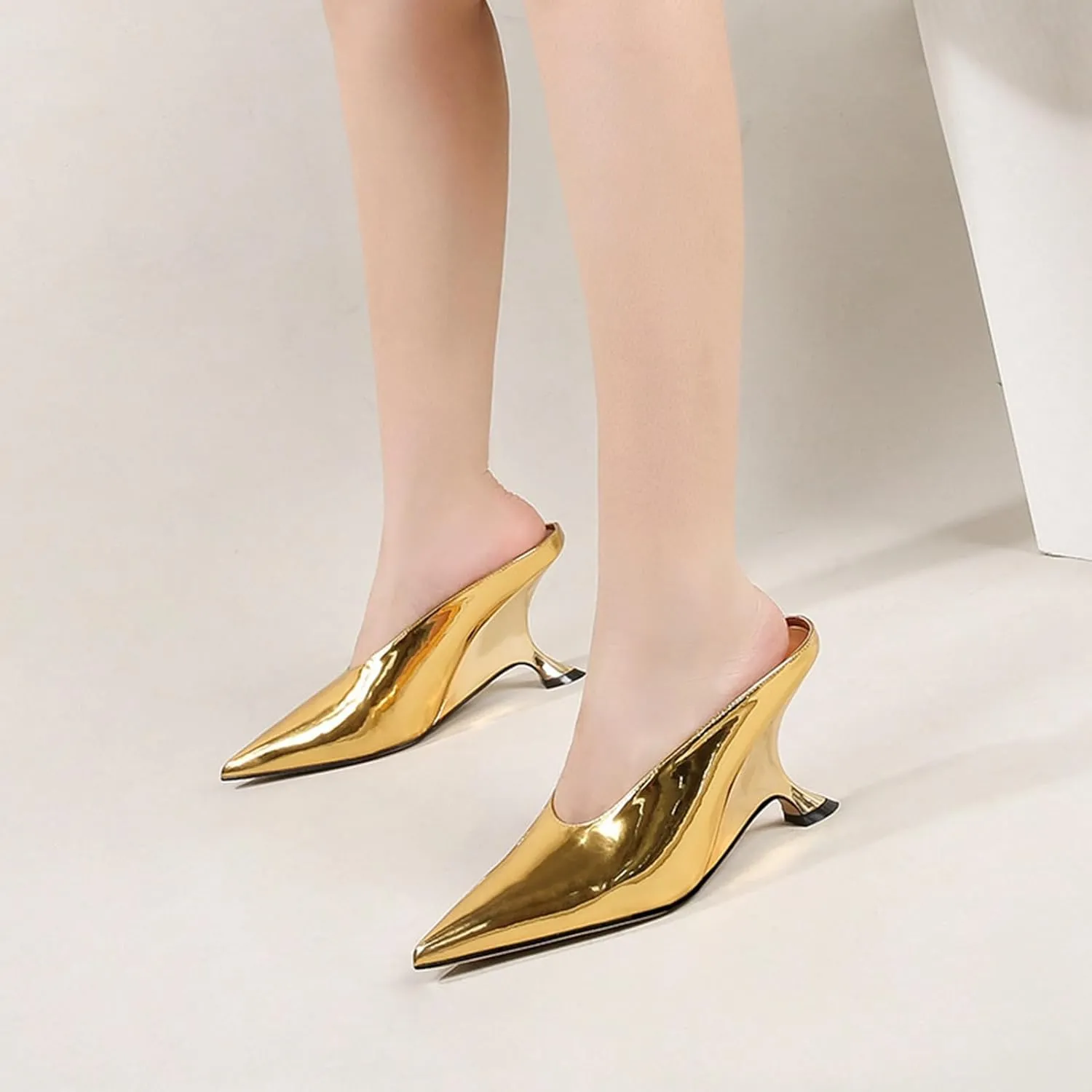 Meefit Women Metallic Mules Pointed Toe Wedges High Heel Slides Closed Toe Patent Leather Slippers Slip On Dressy Pumps