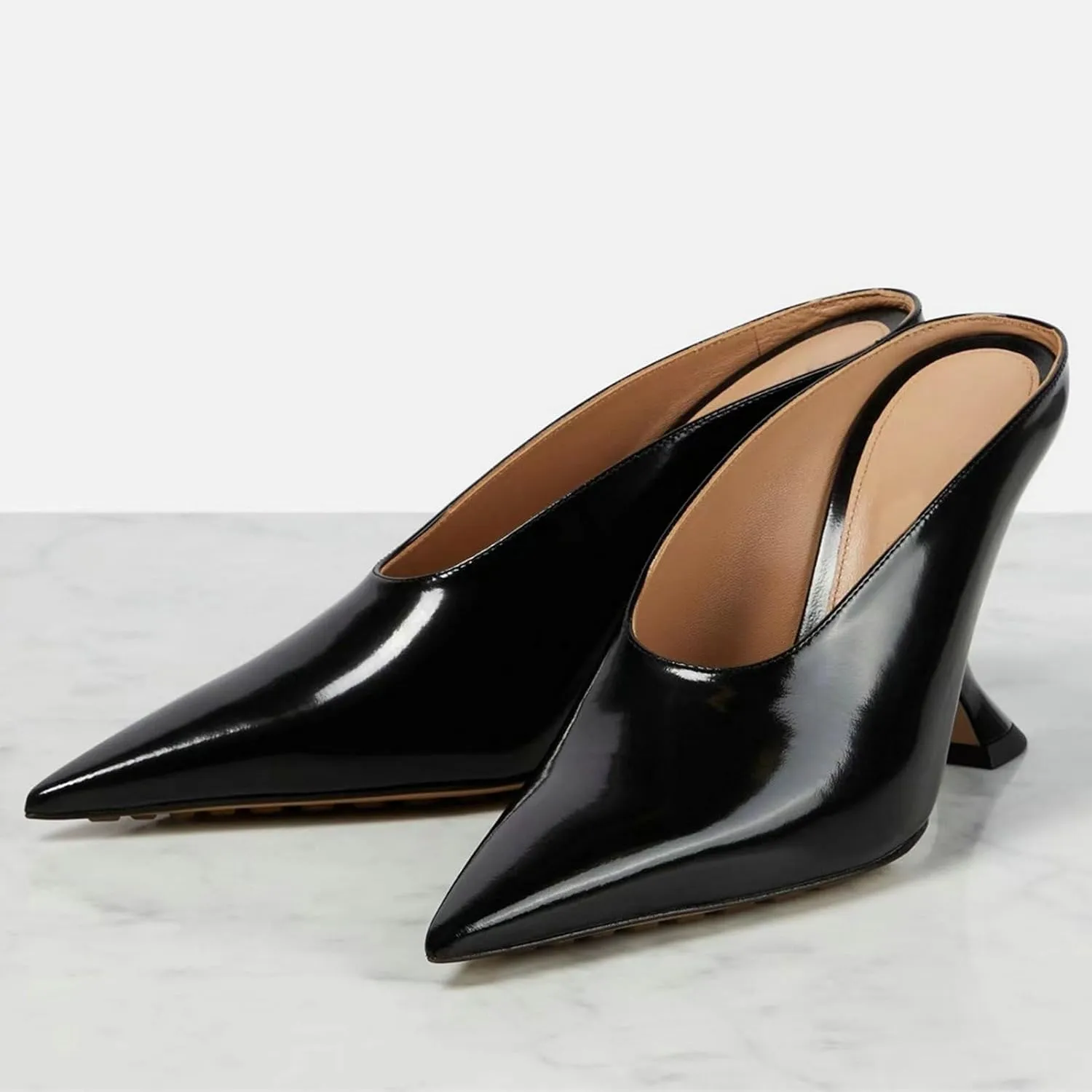 Meefit Women Metallic Mules Pointed Toe Wedges High Heel Slides Closed Toe Patent Leather Slippers Slip On Dressy Pumps