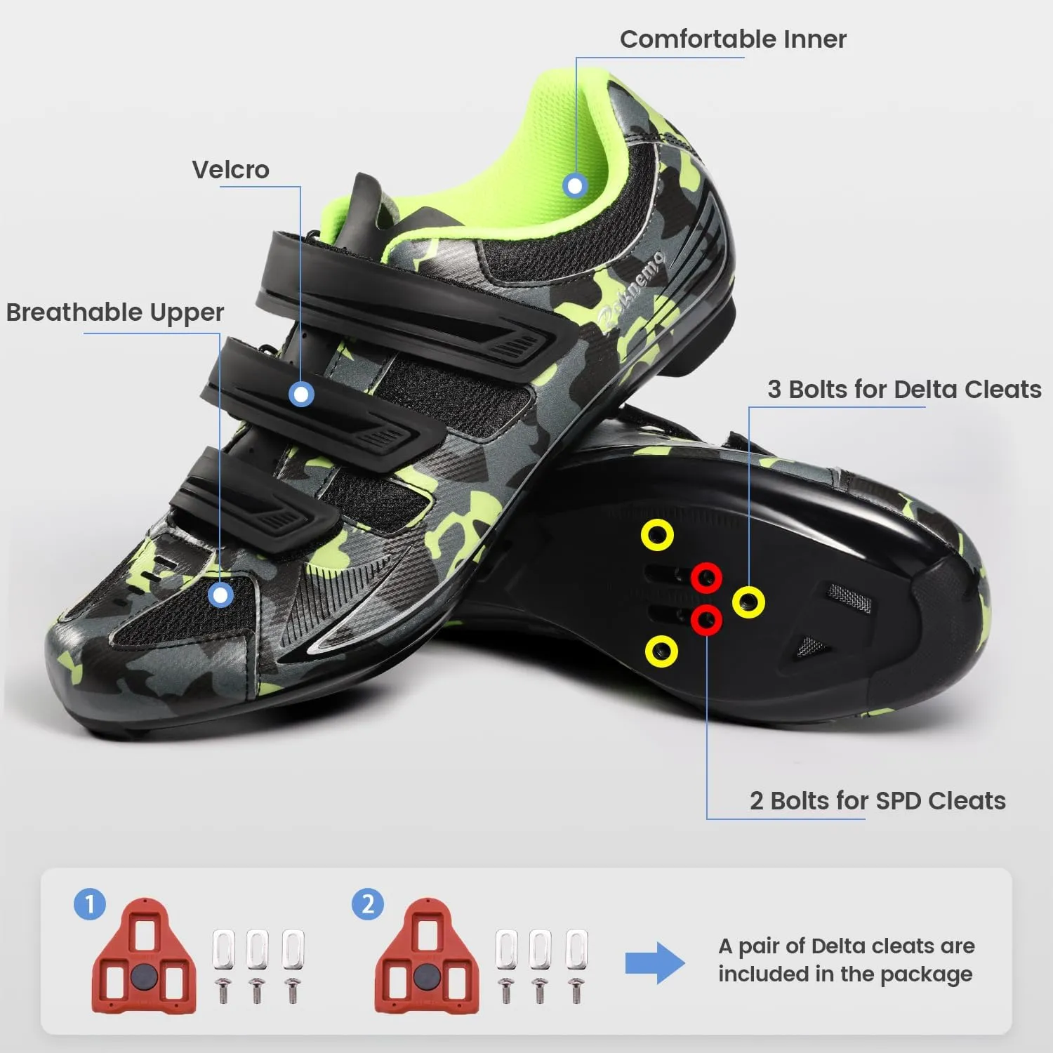 Mens Cycling Shoes Compatible with Peloton Bike & SPD 2 Bolt Clips - Unisex Spin Bicycle Shoes with 3 Bolt Look Delta Cleats - Indoor Outdoor Road Bike Shoes for Men Women