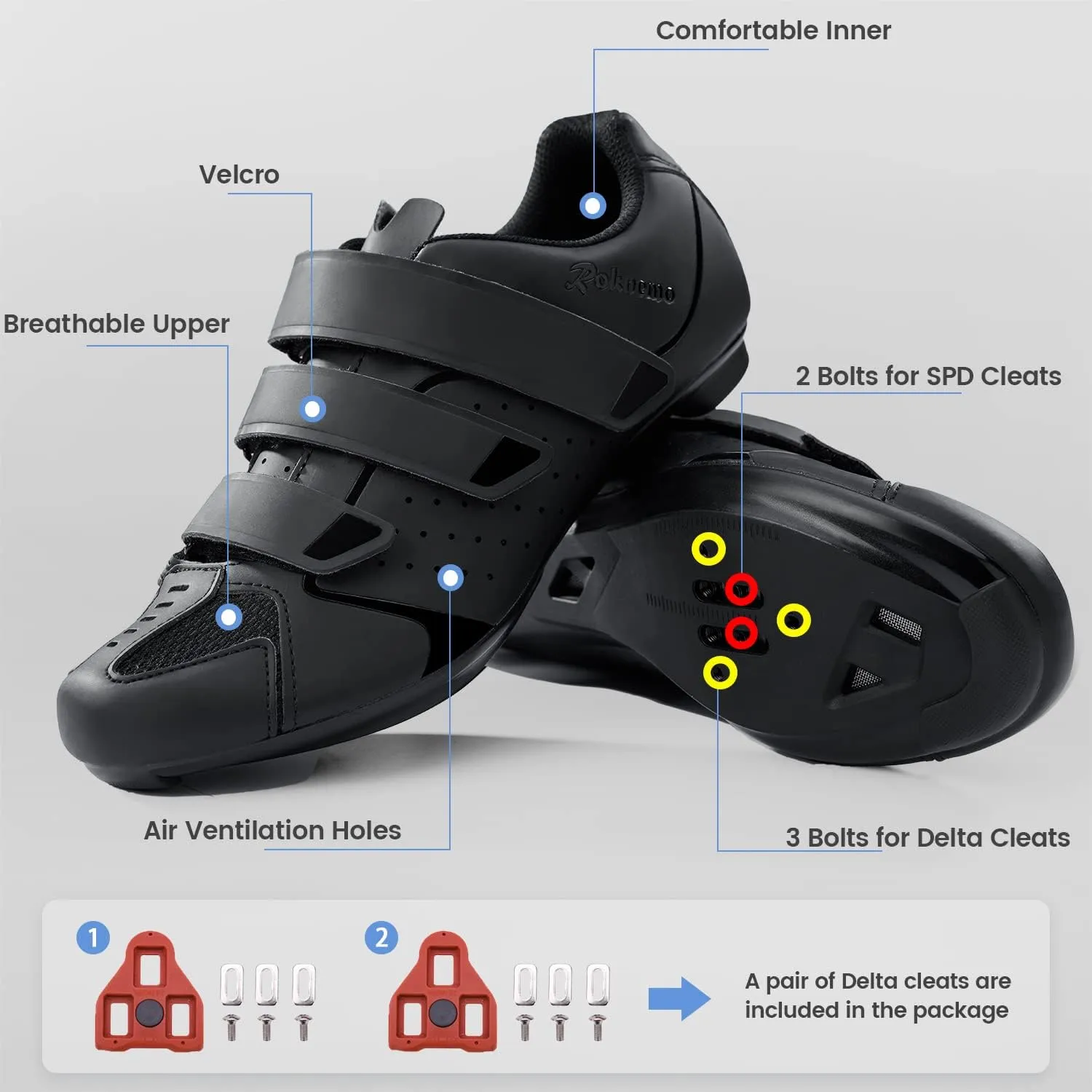 Mens Cycling Shoes Compatible with Peloton Bike & SPD 2 Bolt Clips - Unisex Spin Bicycle Shoes with 3 Bolt Look Delta Cleats - Indoor Outdoor Road Bike Shoes for Men Women