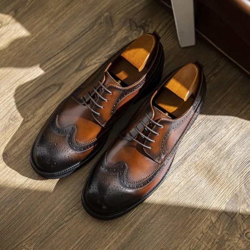 Men's Flexural Leather Fashion Dress Shoes Breathable Leather Wingtip Brogue Oxfords Shoes Non Slip Platform Casual Business Lace Up Print Formal Derby Shoes