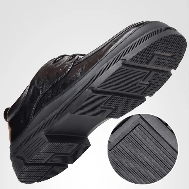Men's Genuine Leather Lace Up Oxfords Casual Business Round Toe Non-Slip Platform Comfortable Block Heel Dress Shoes Breathable Lightweight
