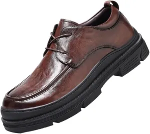 Men's Genuine Leather Lace Up Oxfords Casual Business Round Toe Non-Slip Platform Comfortable Block Heel Dress Shoes Breathable Lightweight