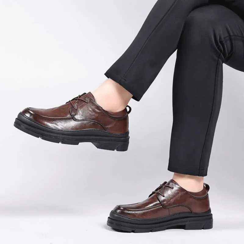 Men's Genuine Leather Lace Up Oxfords Casual Business Round Toe Non-Slip Platform Comfortable Block Heel Dress Shoes Breathable Lightweight