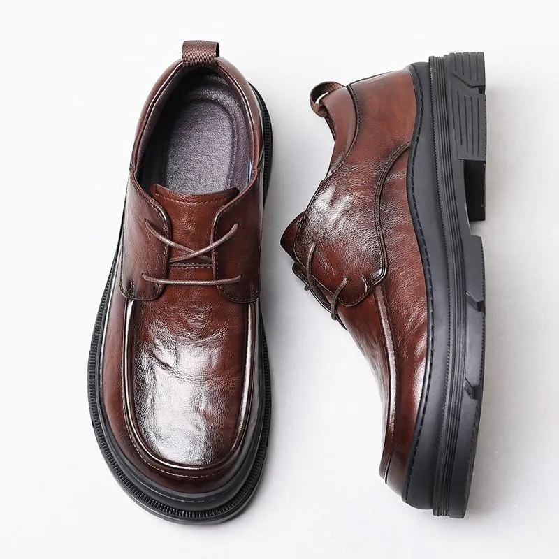 Men's Genuine Leather Lace Up Oxfords Casual Business Round Toe Non-Slip Platform Comfortable Block Heel Dress Shoes Breathable Lightweight
