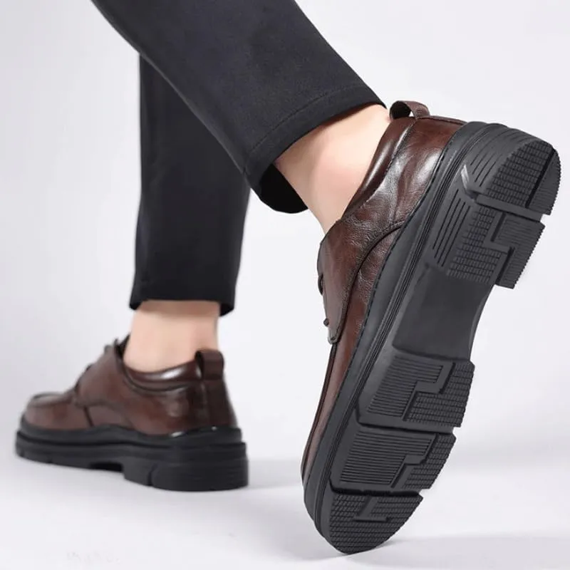 Men's Genuine Leather Lace Up Oxfords Casual Business Round Toe Non-Slip Platform Comfortable Block Heel Dress Shoes Breathable Lightweight