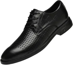 Men's Genuine Leather Oxford Shoes - Retro Pointed Toe Derby Shoes for Business & Formal Wear - Non-Slip Chunky Heel Dress Shoes(Black,7)