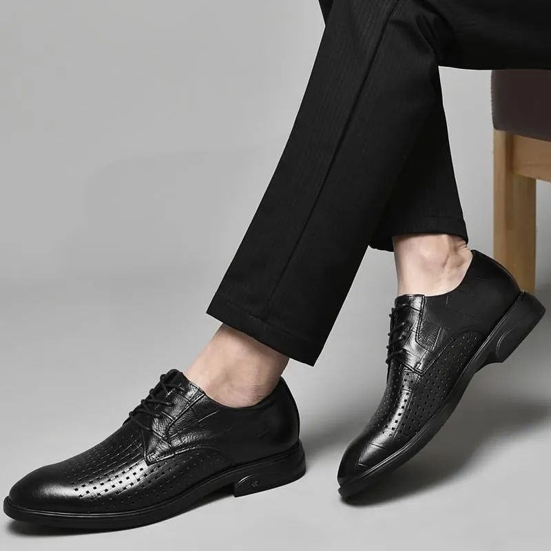 Men's Genuine Leather Oxford Shoes - Retro Pointed Toe Derby Shoes for Business & Formal Wear - Non-Slip Chunky Heel Dress Shoes(Black,7)