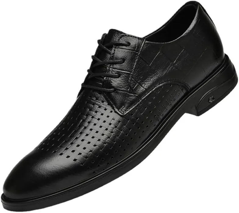 Men's Genuine Leather Oxford Shoes - Retro Pointed Toe Derby Shoes for Business & Formal Wear - Non-Slip Chunky Heel Dress Shoes(Black,7)