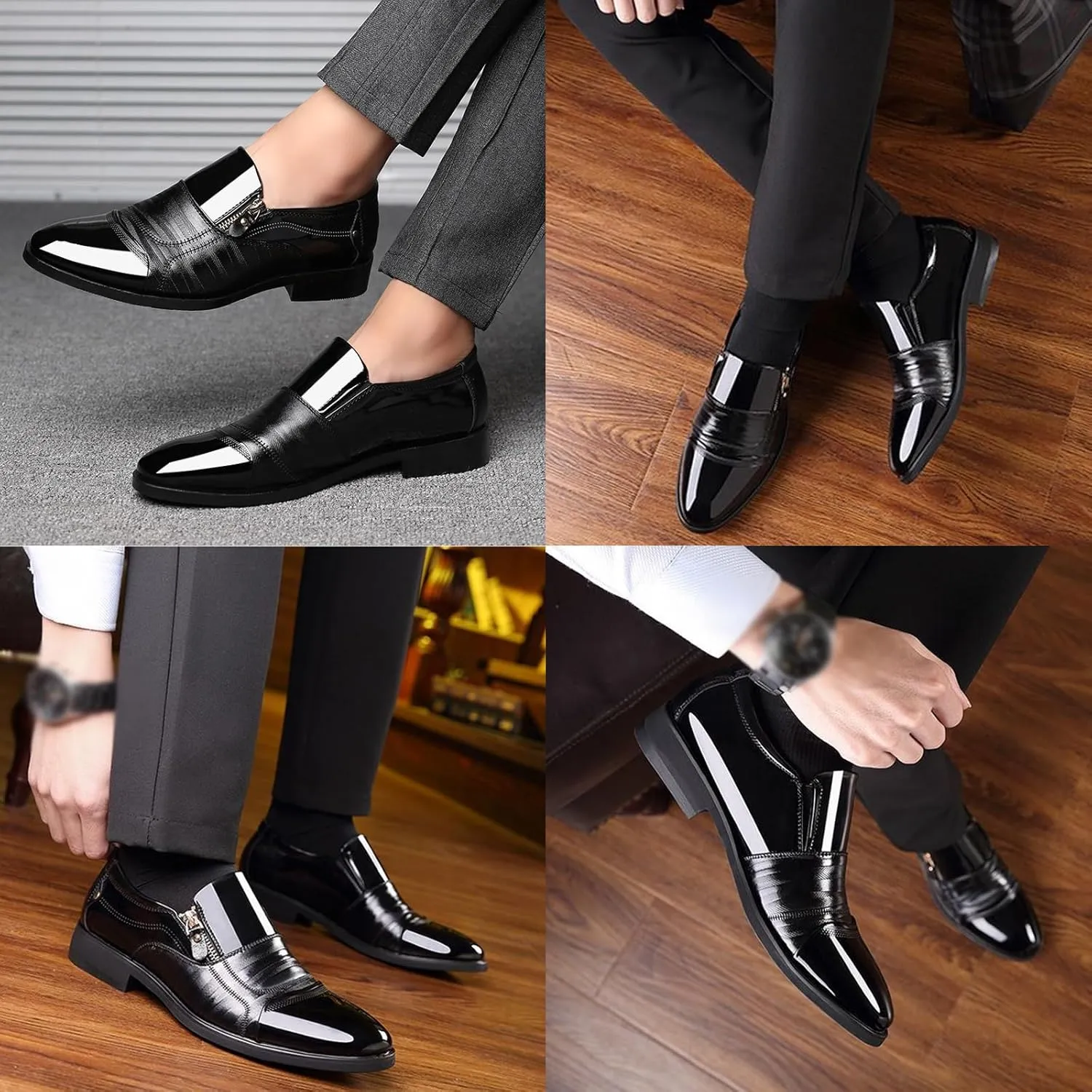 Men's Patent Leather Slip-on Dress Shoes,Fashion Pointed Toe Zipper Business Tuxedo Shoes,Classic Formal Oxford Loafers