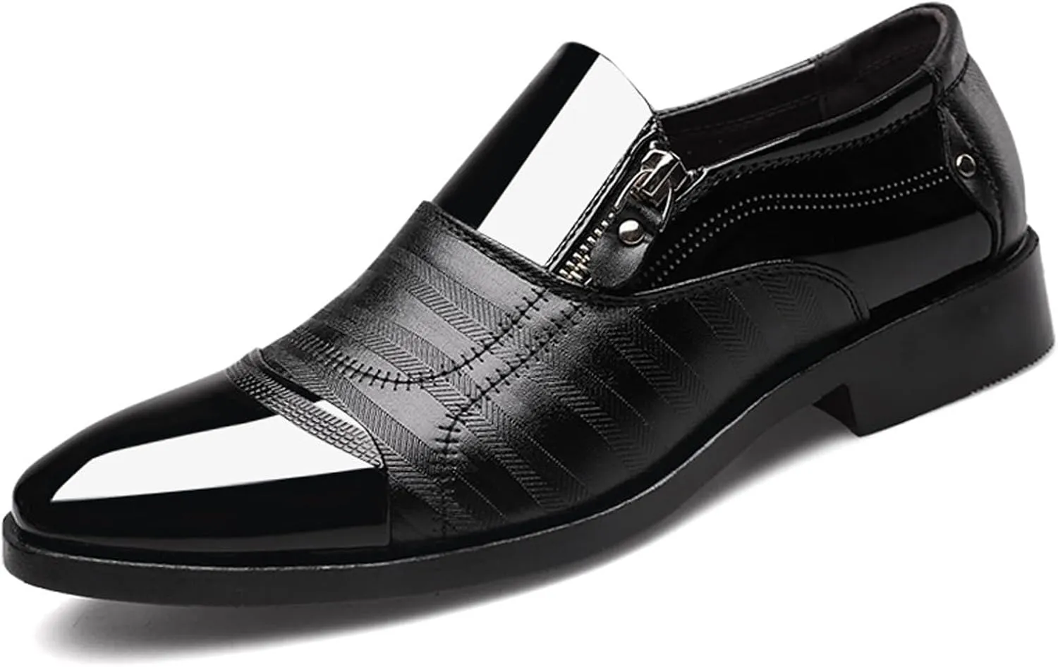 Men's Patent Leather Slip-on Dress Shoes,Fashion Pointed Toe Zipper Business Tuxedo Shoes,Classic Formal Oxford Loafers