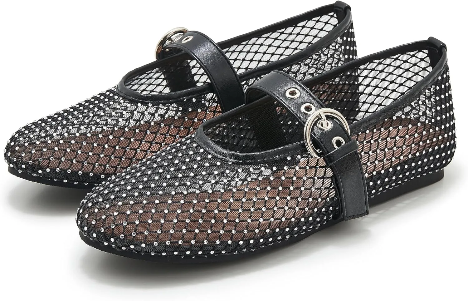 Mesh Ballet Flats for Women Round Toe Buckle Strap Mary Jane Flat Comfortable Casual Ballerina Shoes