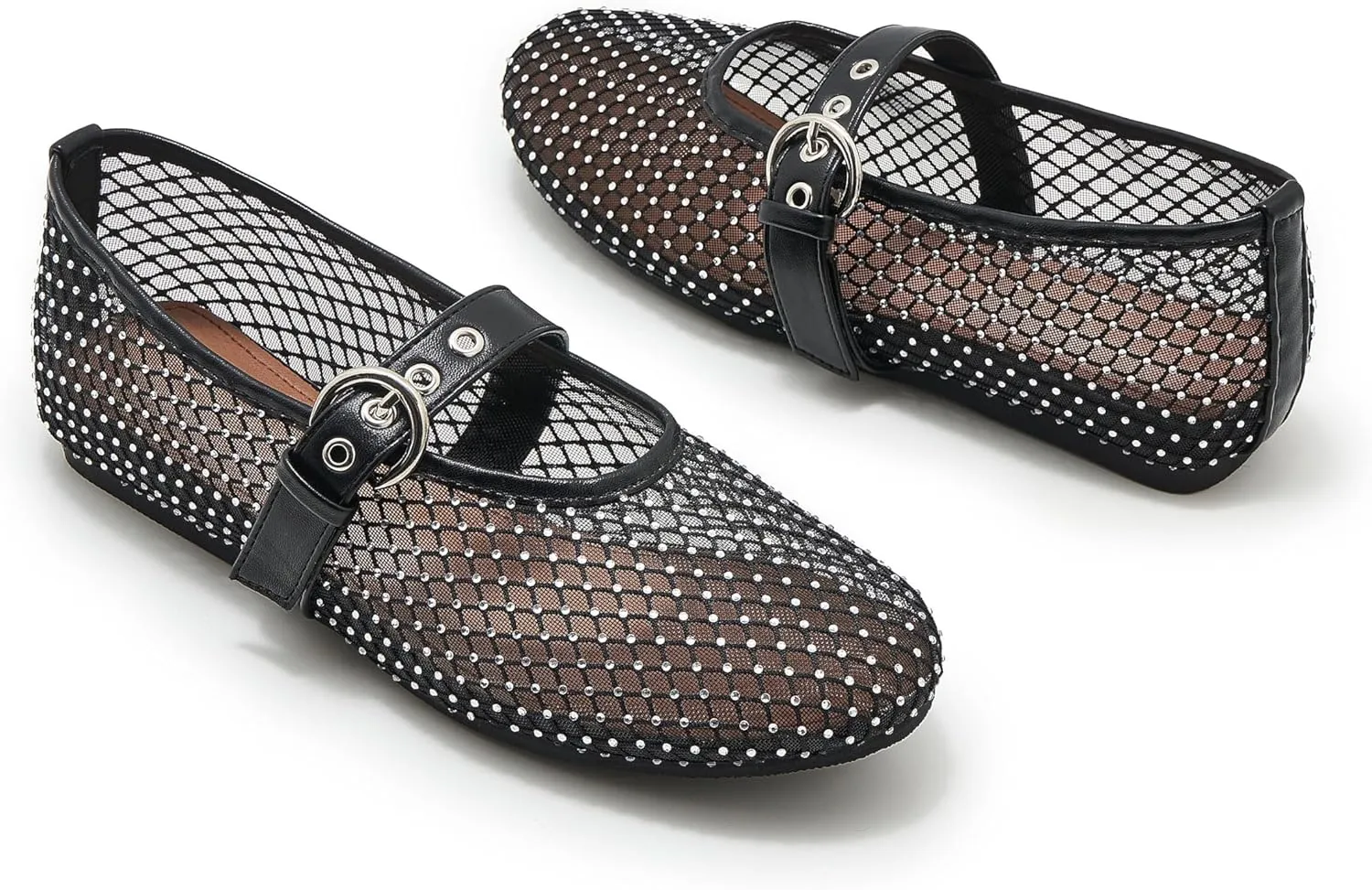 Mesh Ballet Flats for Women Round Toe Buckle Strap Mary Jane Flat Comfortable Casual Ballerina Shoes
