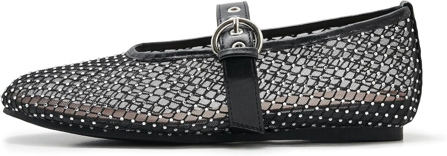 Mesh Ballet Flats for Women Round Toe Buckle Strap Mary Jane Flat Comfortable Casual Ballerina Shoes