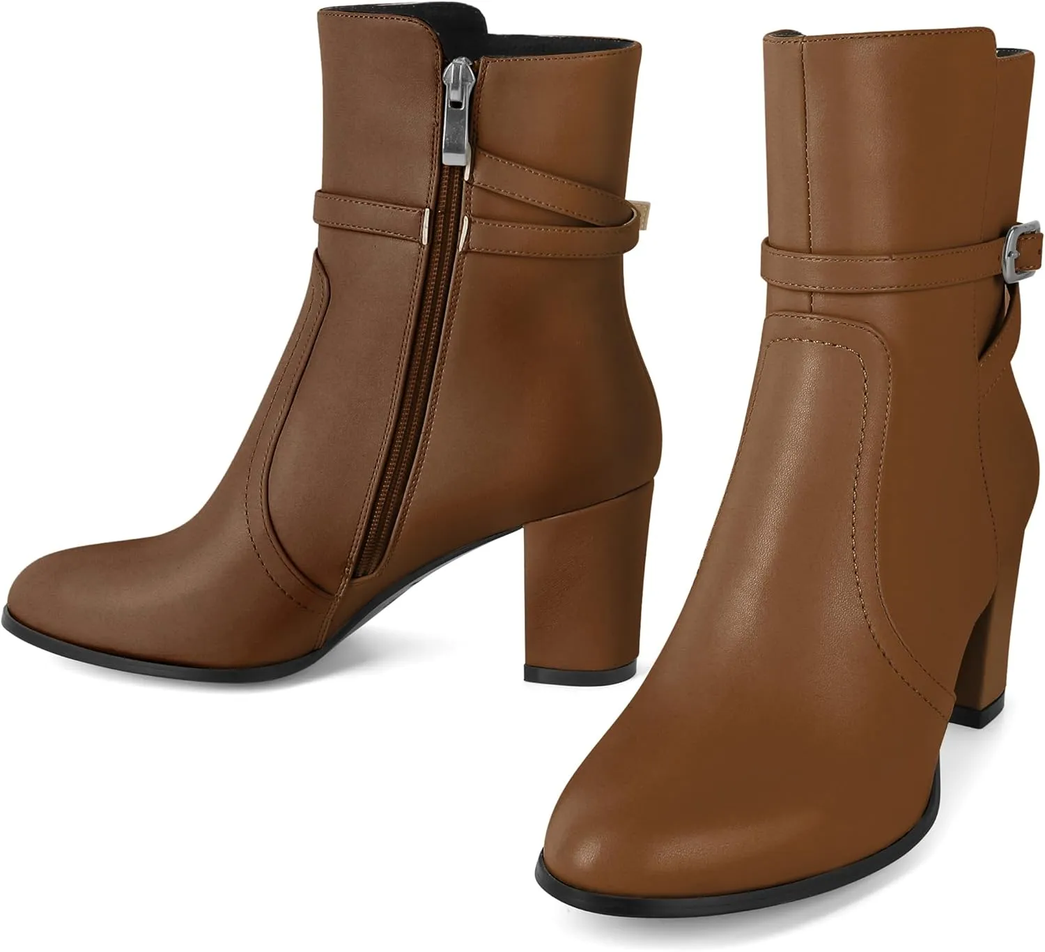 Mettesally Womens Ankle Boots Chunky Heels Round Toe Side Zipper Fall Winter Ankle Booties 2.8 Inches