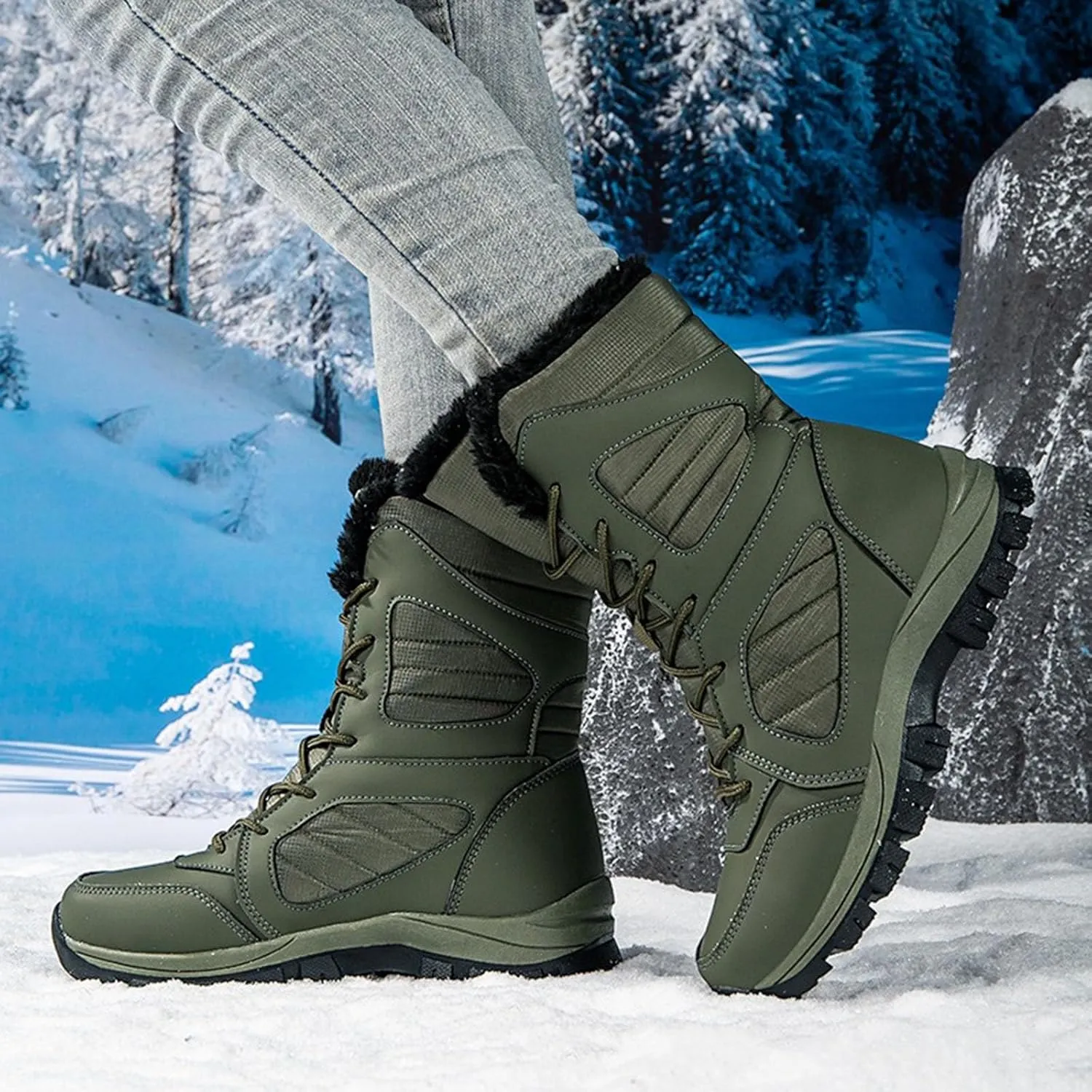 Mid Calf Snow Boots for Women Fleece Lined Warm Winter Boots Lace Up Non Slip Boots Vintage High Top Winter Snow