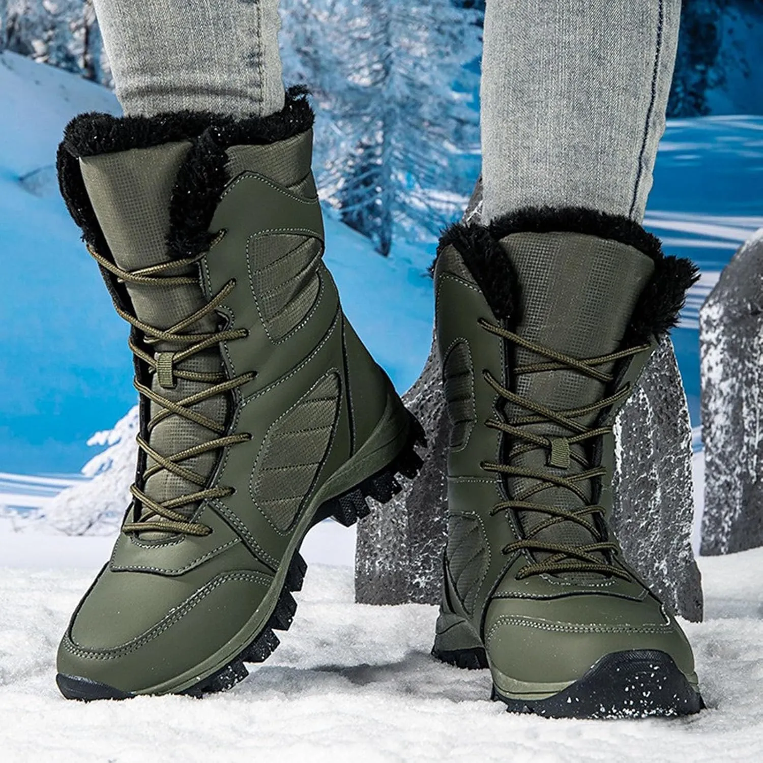 Mid Calf Snow Boots for Women Fleece Lined Warm Winter Boots Lace Up Non Slip Boots Vintage High Top Winter Snow