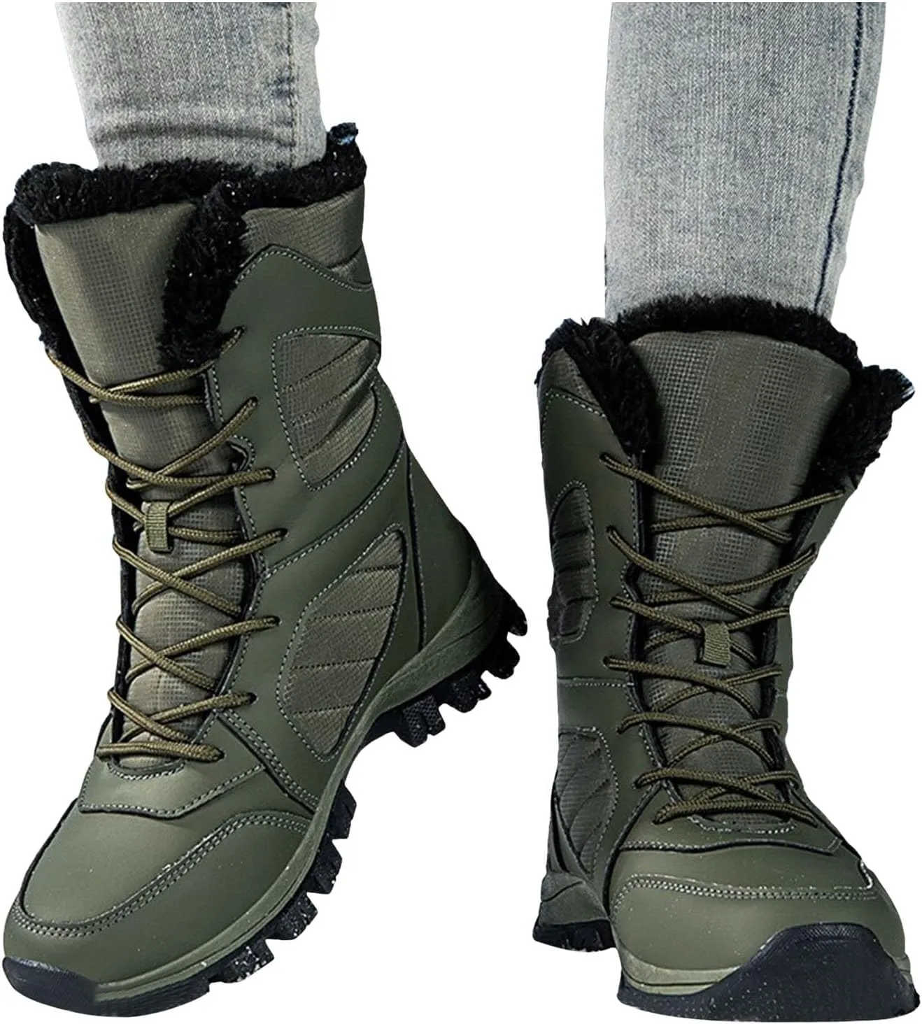 Mid Calf Snow Boots for Women Fleece Lined Warm Winter Boots Lace Up Non Slip Boots Vintage High Top Winter Snow